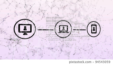Image of connected digital communication media icons and data processing on lilac Image of connected digital communication media icons and data processing on lilac 94543059