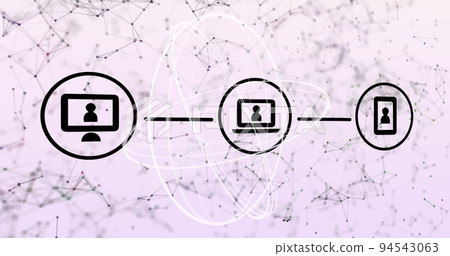 Image of connected digital communication media icons with spinning rings and network, on lilac Image of connected digital communication media icons with spinning rings and network, on lilac 94543063