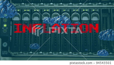 Image of clouds and inflation text over server room Image of clouds and inflation text over server room 94543501