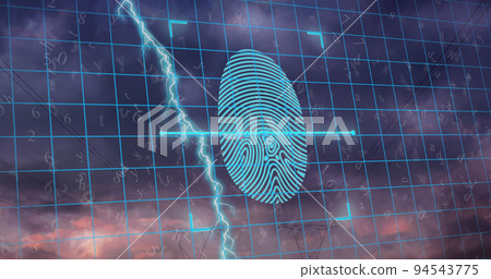 Image of biometric fingerprint scanner over grid network against thunderstorm and dark clouds 94543775