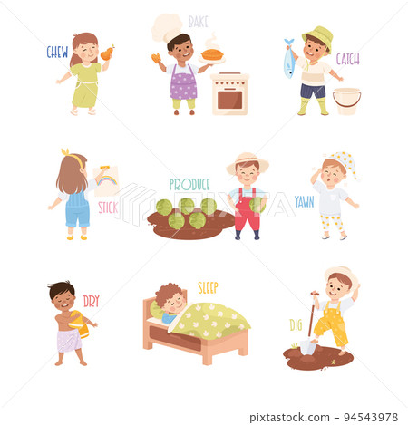 Verbs Study with Little Kids Doing Different Activity Demonstrating Vocabulary Vector Set 94543978