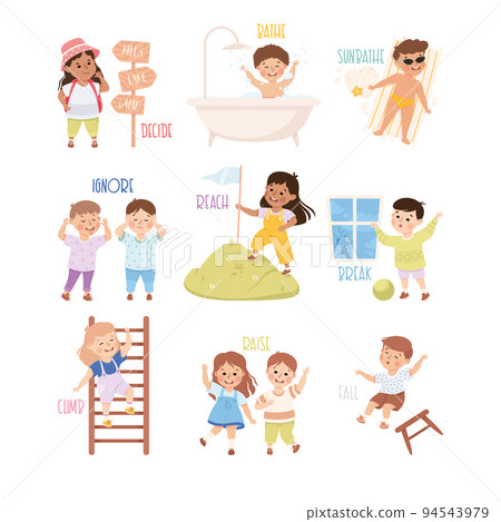 Verbs Study with Little Kids Doing Different Activity Demonstrating Vocabulary Vector Set Verbs Study with Little Kids Doing Different Activity Demonstrating Vocabulary Vector Set 94543979