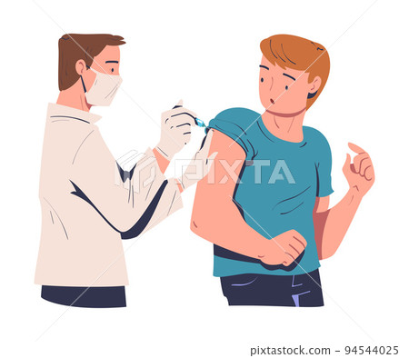 Vaccination with Man Character Vaccinated in Her Upper Arm with Doctor Holding Syringe Vector Illustration 94544025