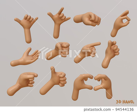 Hands set of cartoon 3d hands., 3D Illustration.,Set of 3d stock close up illustrations. Stylized hand pointer. Illustration for the site, posts, advertising.,Communication gestures concept. 94544136