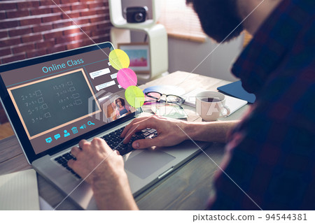 Caucasian man using laptop for video call, with smiling female teacher on screen Caucasian man using laptop for video call, with smiling female teacher on screen 94544381