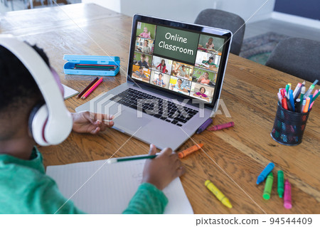 African american boy using laptop for video call, with diverse elementary school pupils on screen African american boy using laptop for video call, with diverse elementary school pupils on screen 94544409