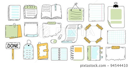 Paper empty sheet in doodle style. Sketch stikers vector illustration for notes. Doodle checklist set. Paper empty sheet in doodle style. Sketch stikers vector illustration for notes. Doodle checklist set. 94544410