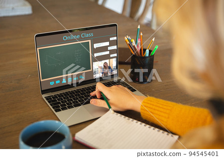 Caucasian woman using laptop for video call, with smiling female teacher on screen Caucasian woman using laptop for video call, with smiling female teacher on screen 94545401