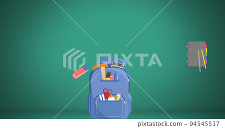 Image of school items moving on green background Image of school items moving on green background 94545517