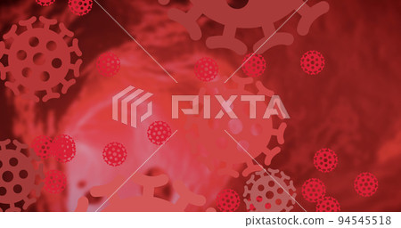 Image of macro red coronavirus cells spinning and spreading on red background Image of macro red coronavirus cells spinning and spreading on red background 94545518