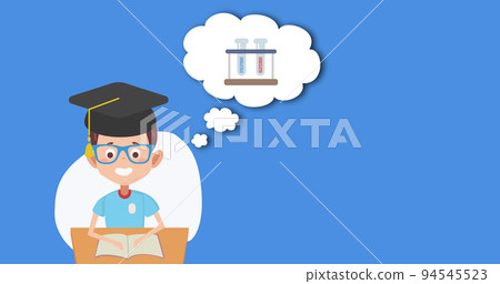 Image of pictogram of male student with school icons moving on blue background 94545523