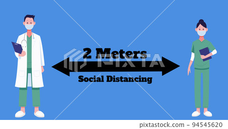 Doctor and nurse icons maintaining 2 meters social distance against blue background Doctor and nurse icons maintaining 2 meters social distance against blue background 94545620