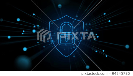 Glowing spots over security padlock icon against black background Glowing spots over security padlock icon against black background 94545780