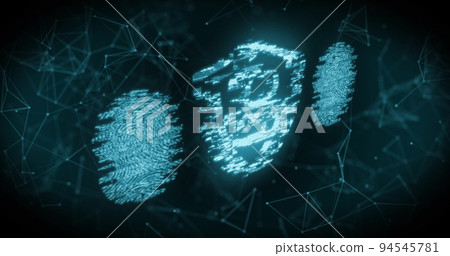 Fingerprint scanner and security padlock icon against network of connections Fingerprint scanner and security padlock icon against network of connections 94545781