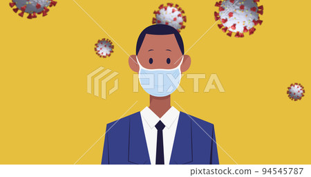 Businessman icon wearing face mask over Covid-19 cells against yellow background Businessman icon wearing face mask over Covid-19 cells against yellow background 94545787