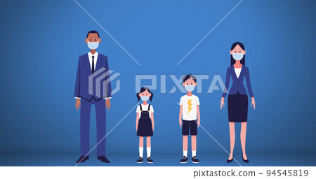 Family wearing face masks icon against blue background Family wearing face masks icon against blue background 94545819