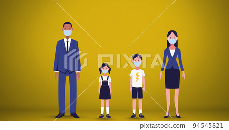Family wearing face masks icon against yellow background Family wearing face masks icon against yellow background 94545821