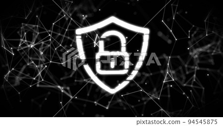 Security padlock icon over network of connections against black background Security padlock icon over network of connections against black background 94545875