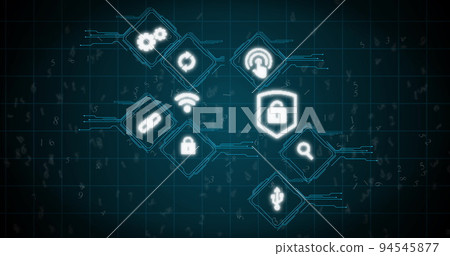 Security icons over grid against blue background Security icons over grid against blue background 94545877