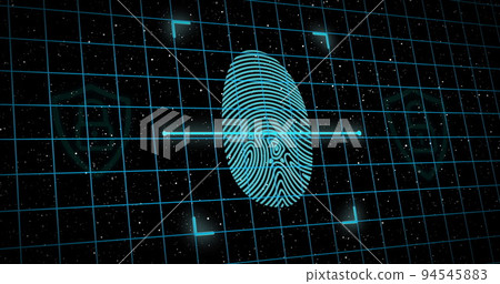 Fingerprint scanner and security padlock over grid against space Fingerprint scanner and security padlock over grid against space 94545883