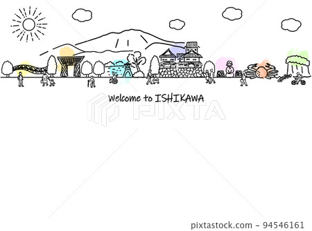 Simple line drawing illustration of the streets and people of sightseeing spots in Ishikawa Prefecture 94546161