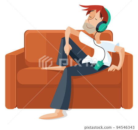 Man listen music in headphones on couch. Happy person Man listen music in headphones on couch. Happy person 94546343