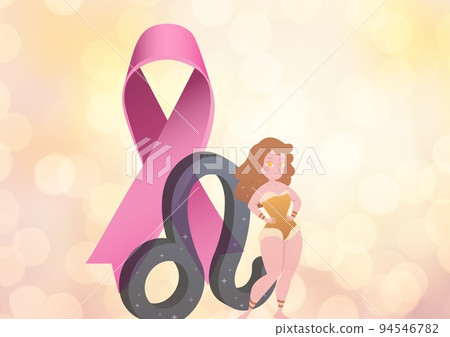 Taurus symbol, pink ribbon and mermaid icon against sots of light on gradient background 94546782
