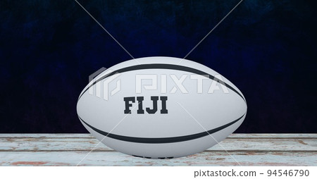 Composition of rugby ball decorated with text fiji on black background Composition of rugby ball decorated with text fiji on black background 94546790