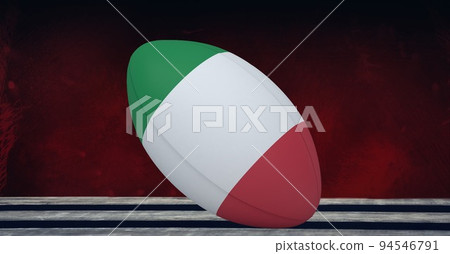 Composition of rugby ball decorated with the flag of italy on black background Composition of rugby ball decorated with the flag of italy on black background 94546791