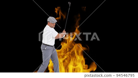 Composition of male golf player over flames on black background Composition of male golf player over flames on black background 94546795
