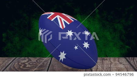Composition of rugby ball decorated with the flag of australia on black background Composition of rugby ball decorated with the flag of australia on black background 94546796