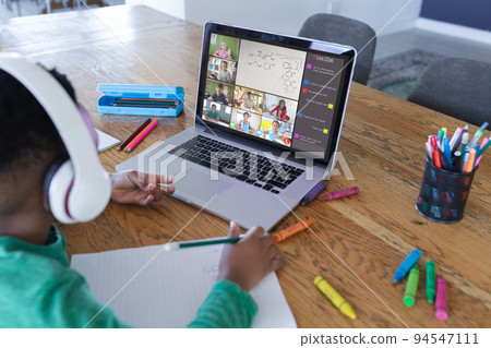 African american boy using laptop for video call, with diverse elementary school pupils on screen African american boy using laptop for video call, with diverse elementary school pupils on screen 94547111