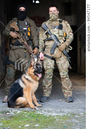 Modern Warfare Soldiers with military working dog in action on the battlefield.  94547177
