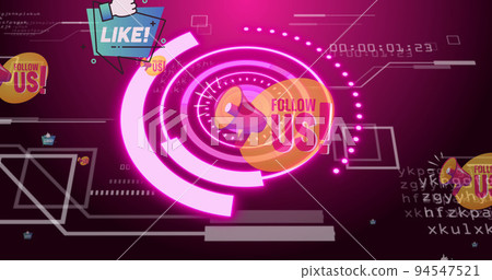 Image of scope scanning with social media icons over data processing Image of scope scanning with social media icons over data processing 94547521