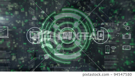 Image of scope scanning over network of connections with icons and moving columns Image of scope scanning over network of connections with icons and moving columns 94547580