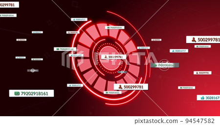 Image of social media icons with growing numbers over scope scanning Image of social media icons with growing numbers over scope scanning 94547582