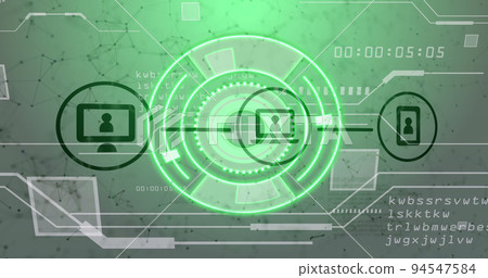 Image of scope scanning over networks of connections with icons on white background Image of scope scanning over networks of connections with icons on white background 94547584