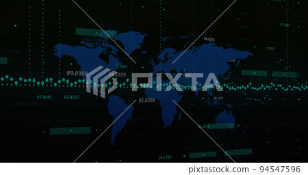 Image of scope scanning with padlock icon over data processing and world map on black background 94547596