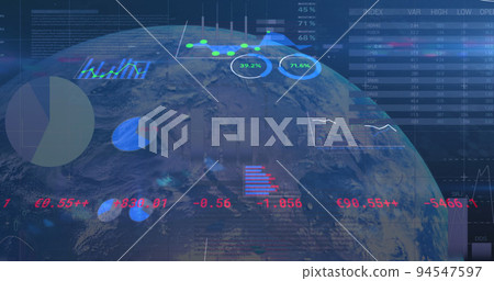Image of data processing over globe and blue background Image of data processing over globe and blue background 94547597
