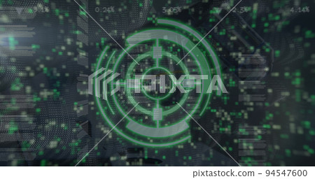 Image of scope scanning over network of connections with icons and moving columns 94547600