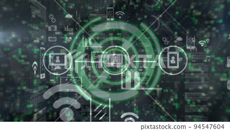 Image of scope scanning over network of connections with icons and moving columns Image of scope scanning over network of connections with icons and moving columns 94547604