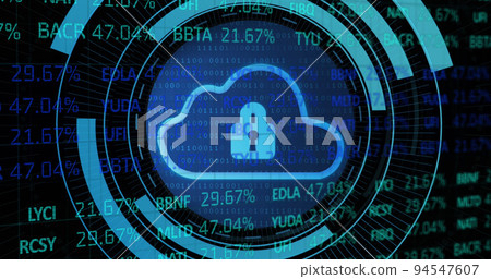 Image of scope scanning with wall icon over stock market on black background Image of scope scanning with wall icon over stock market on black background 94547607