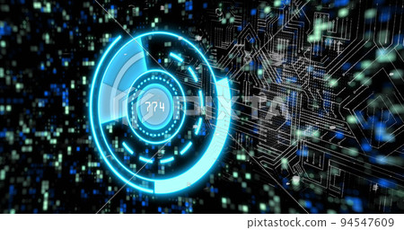 Image of scope scanning with data processing over padlock icon and moving columns Image of scope scanning with data processing over padlock icon and moving columns 94547609