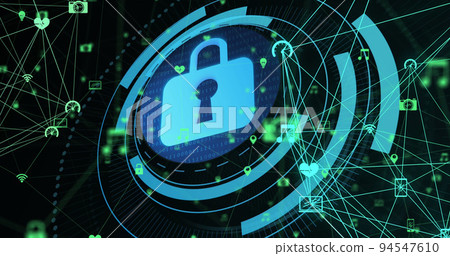 Image of scope scanning with padlock icon over networks of connections on black background Image of scope scanning with padlock icon over networks of connections on black background 94547610