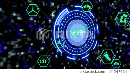 Image of scope scanning with data processing abd icons over moving columns Image of scope scanning with data processing abd icons over moving columns 94547614