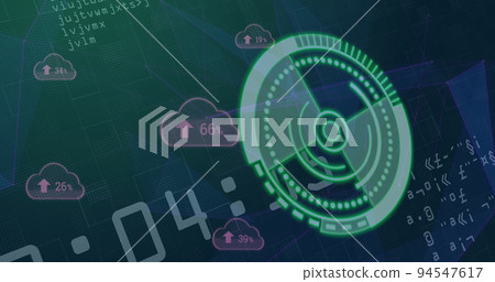 Image of scope scanning and cloud icons over data processing Image of scope scanning and cloud icons over data processing 94547617