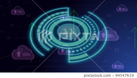 Image of scope scanning with data processing over cloud icons and shapes Image of scope scanning with data processing over cloud icons and shapes 94547619