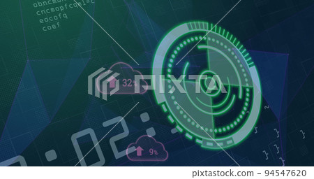 Image of scope scanning and cloud icons over data processing 94547620