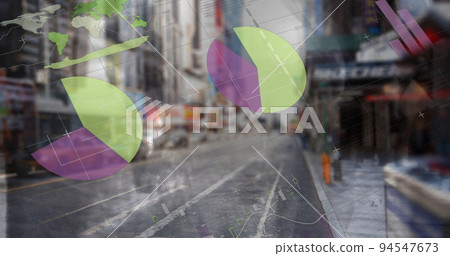 Image of statistical data processing against time-lapse of people walking on the street 94547673