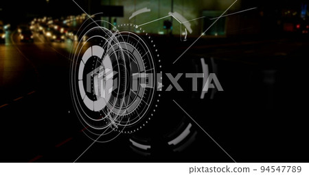 Image of interface with data processing against aerial view of city traffic at night Image of interface with data processing against aerial view of city traffic at night 94547789